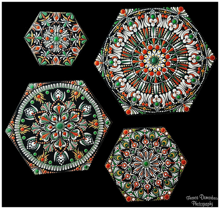 MANDALA QUADRIPTYQUE 112 - toiles hexagonales 30-25-20-15cm